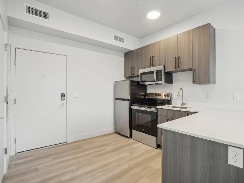 Bright kitchen showcasing sleek stainless steel appliances on elegant wood floors