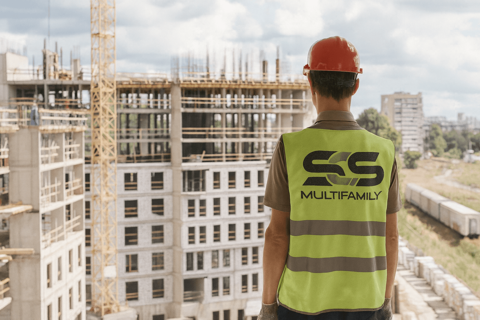 A man wearing a yellow vest poses in front of the SCS Multifamily construction site.