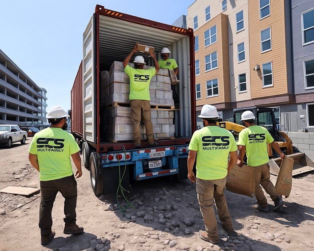 Men in yellow shirts loading bricks onto a truck at an SCS Multifamily construction site.