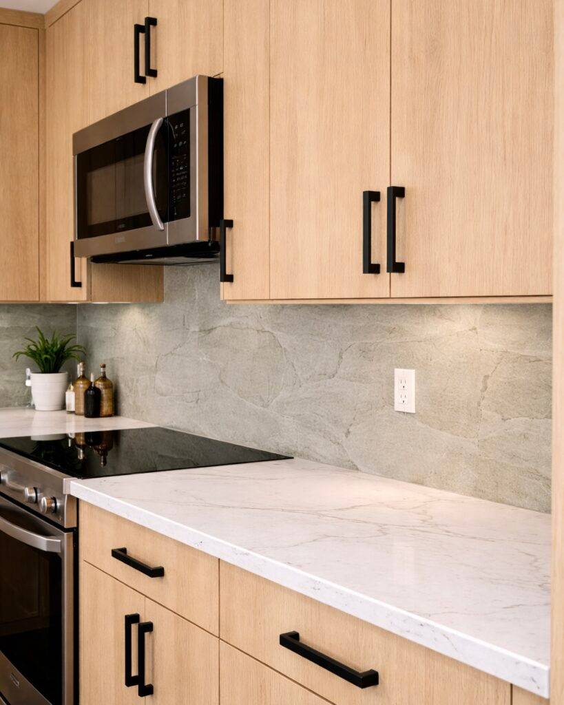 A clean kitchen featuring wood cabinets and stainless steel appliances, designed by SCS Multifamily.