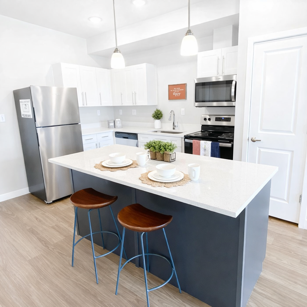 A modern kitchen featuring a white countertop and stainless steel appliances, designed by SCS Multifamily.